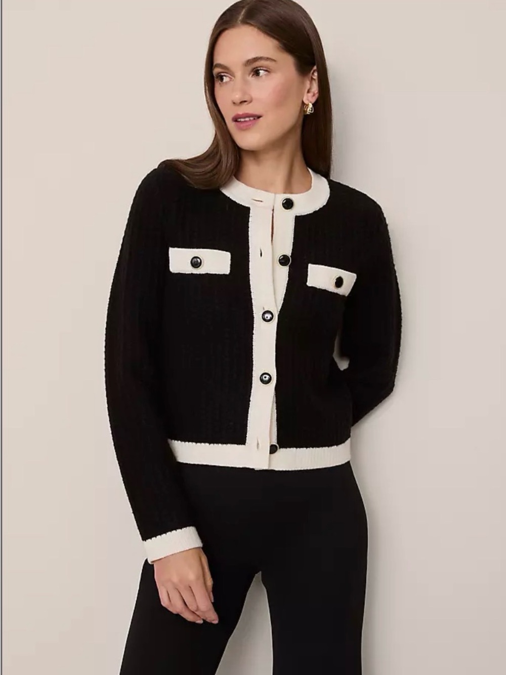 Ann Taylor Black and Cream Contrast-Trim Button Sweater Jacket - Picture 3 of 9